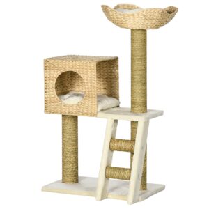 Kradsetræ med kattehus, sisal kradsetræer, vaskbare puder, 100,5h x 57l x 37b cm, hvid/natur