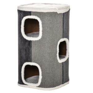 Kradsetræ til katte, kradsetræ til katte, 3 niveauer, klatretræ til katte, kattemøbler, spånplade, fløjlsagtig polyester, sisal, grå+hvid, 40 x 40 x 74 cm