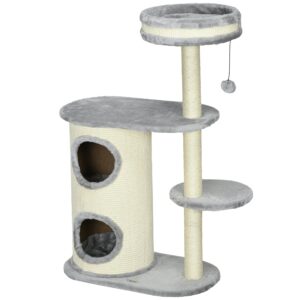 Kradsetræ til katte, sisalrebstolper, blødt plys, multi-level, boldlegetøj, grå, 59x35x100 cm